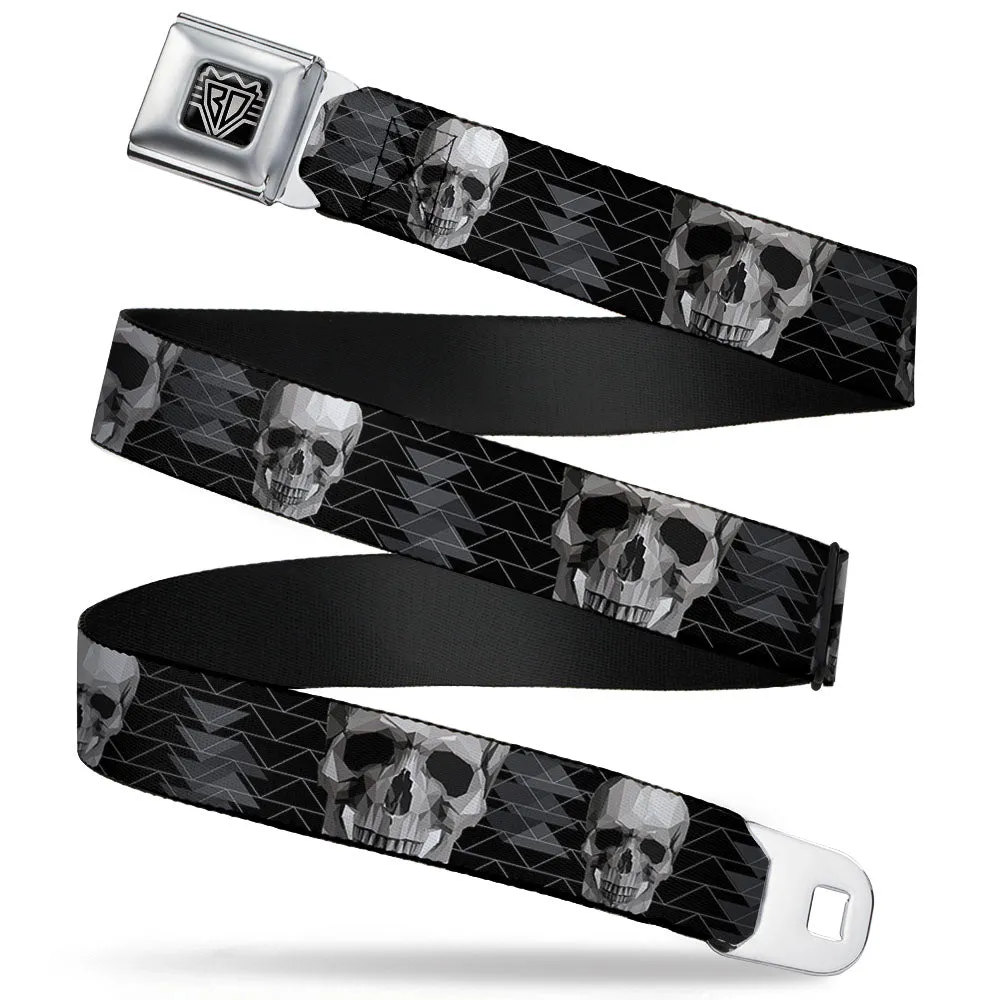 BD Wings Logo CLOSE-UP Full Color Black Silver Seatbelt Belt - Geometric 3-D Skull Face/Chevron Black/Grays/White Webbing