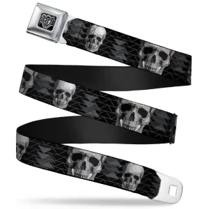 BD Wings Logo CLOSE-UP Full Color Black Silver Seatbelt Belt - Geometric 3-D Skull Face/Chevron Black/Grays/White Webbing