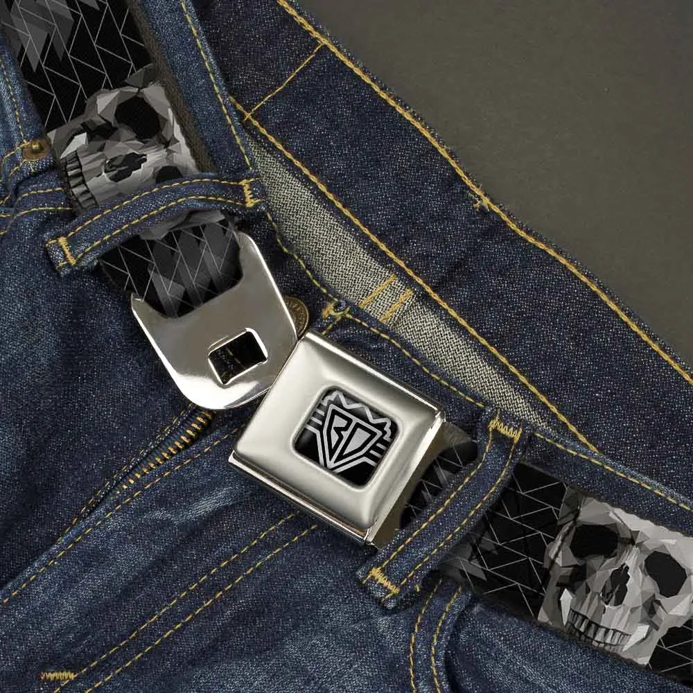 BD Wings Logo CLOSE-UP Full Color Black Silver Seatbelt Belt - Geometric 3-D Skull Face/Chevron Black/Grays/White Webbing