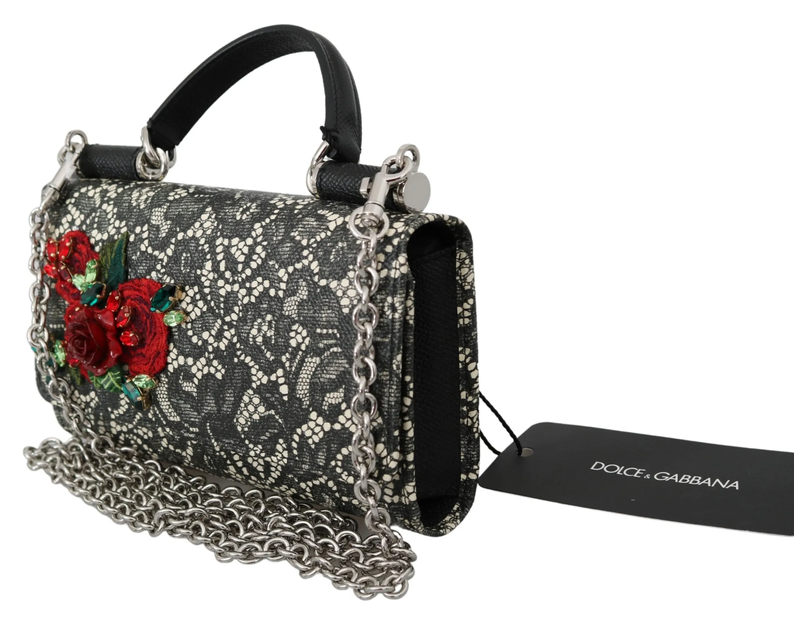 Black Lace Leather Crystal Roses Sicily Von Purse Bag