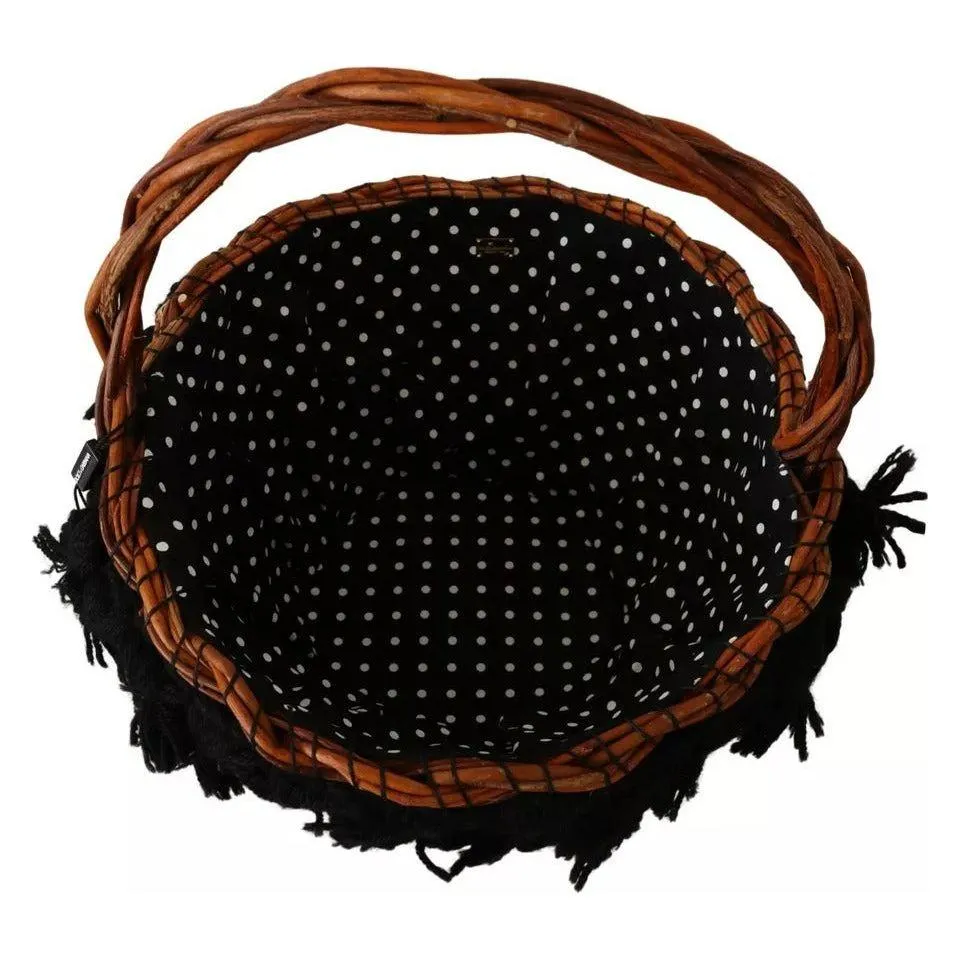 Dolce & Gabbana Black Beige Straw Basket Tote Pom Pom Crystals Bag