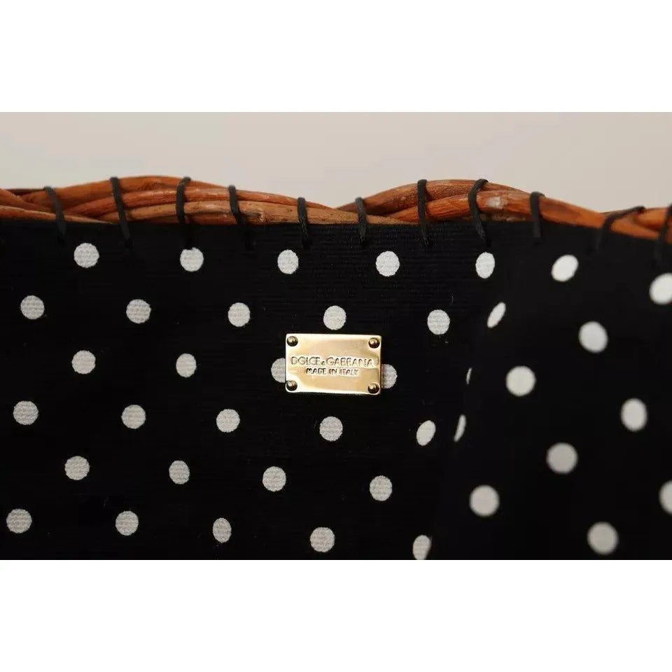Dolce & Gabbana Black Beige Straw Basket Tote Pom Pom Crystals Bag