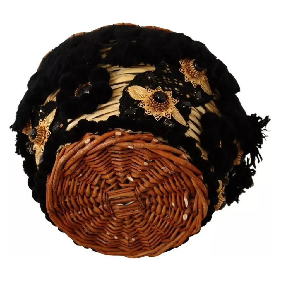 Dolce & Gabbana Black Beige Straw Basket Tote Pom Pom Crystals Bag