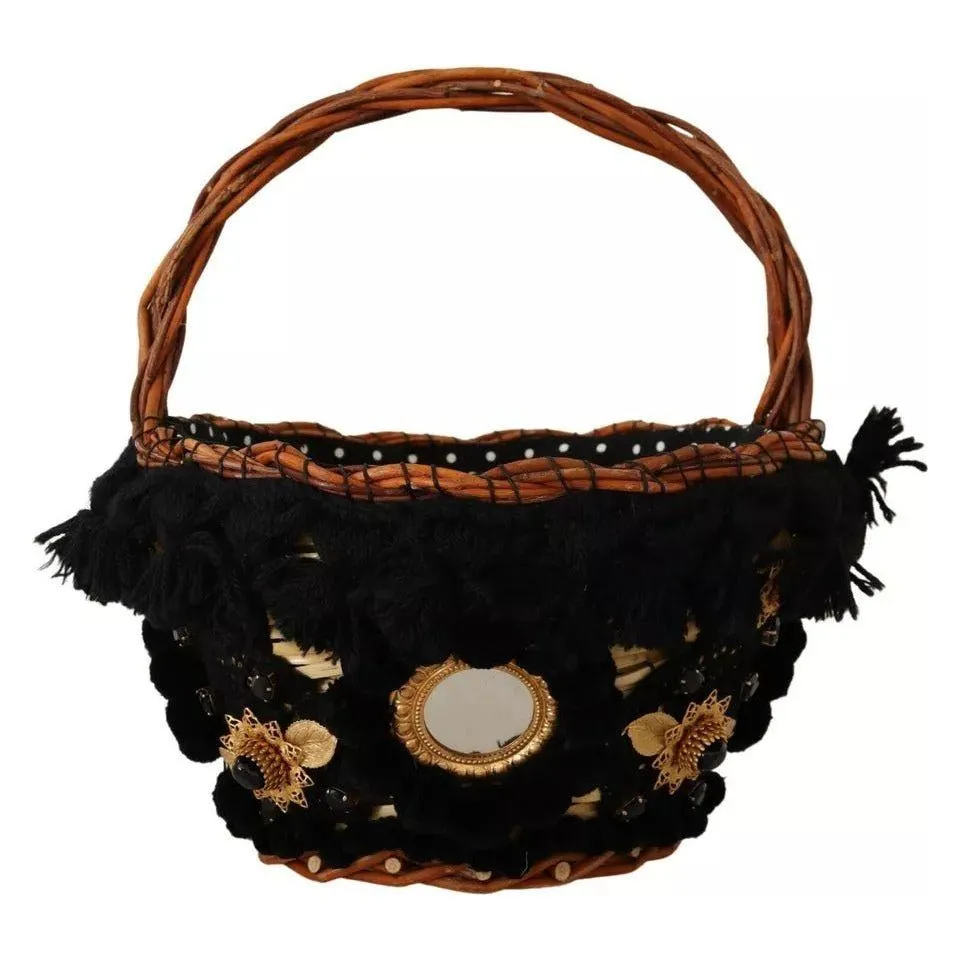 Dolce & Gabbana Black Beige Straw Basket Tote Pom Pom Crystals Bag