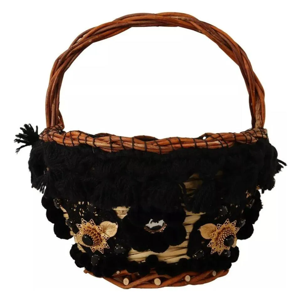 Dolce & Gabbana Black Beige Straw Basket Tote Pom Pom Crystals Bag