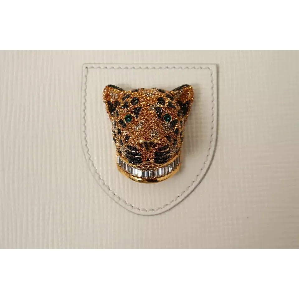 Dolce & Gabbana White Crystal Leopard Head Leather JUNGLE Tote Bag