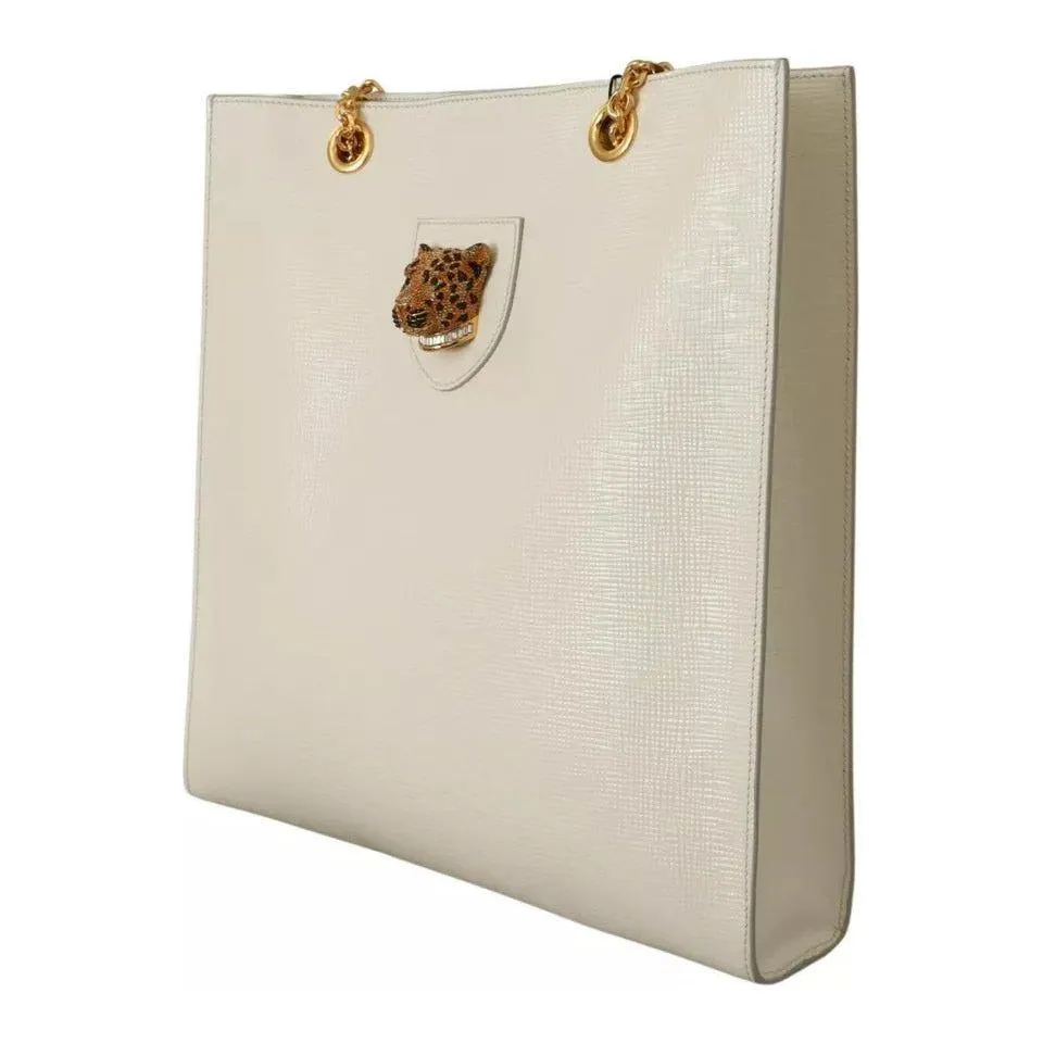 Dolce & Gabbana White Crystal Leopard Head Leather JUNGLE Tote Bag