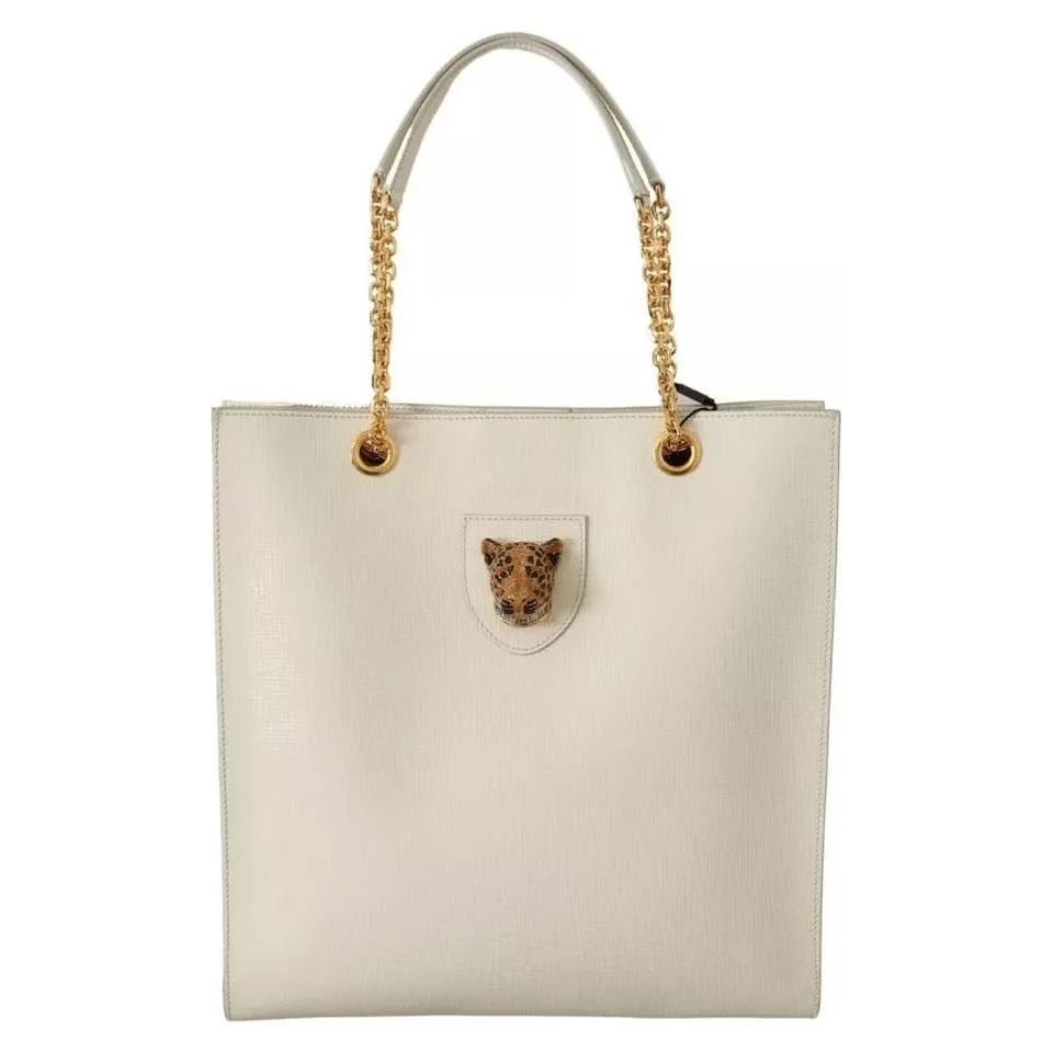 Dolce & Gabbana White Crystal Leopard Head Leather JUNGLE Tote Bag