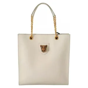 Dolce & Gabbana White Crystal Leopard Head Leather JUNGLE Tote Bag