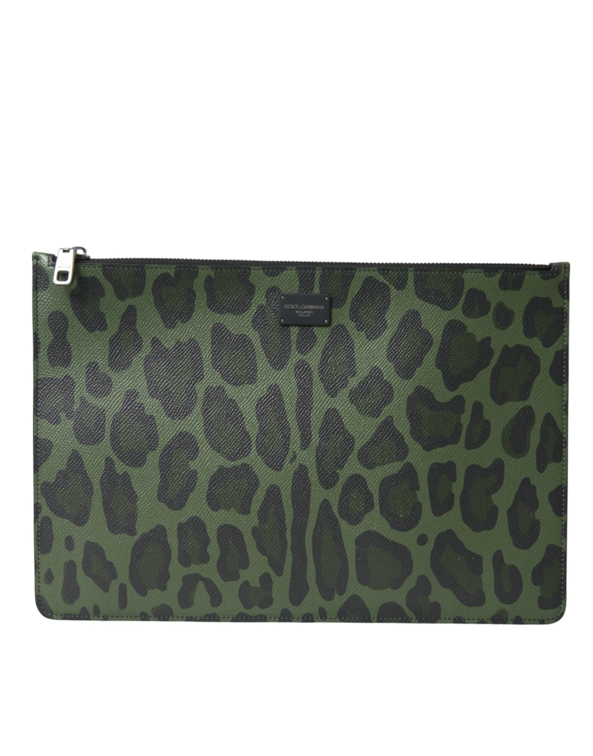 Elegant Green Leopard Print Calf Leather Clutch