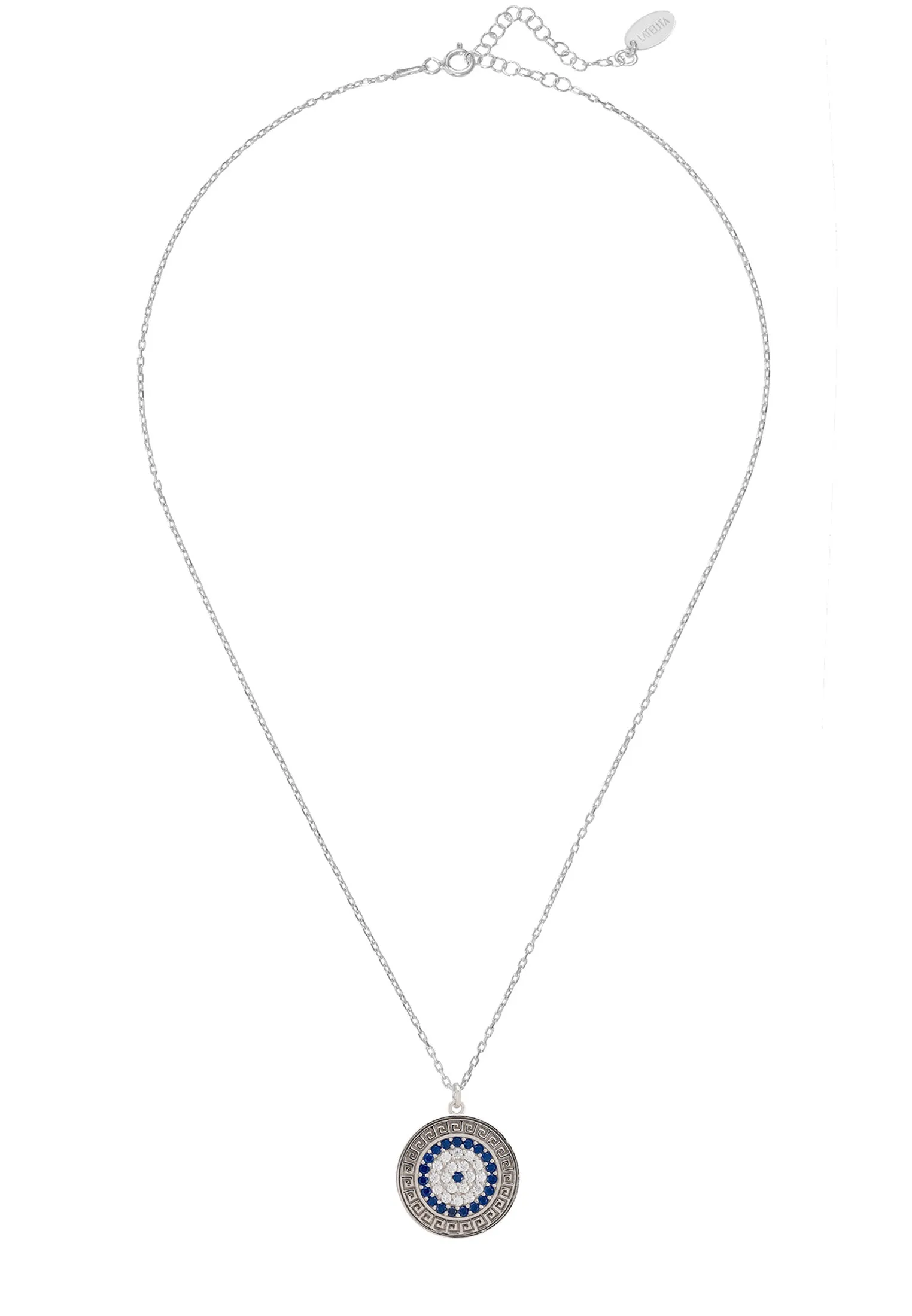 Greek Evil Eye Disc Pendant Necklace Silver