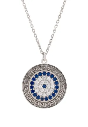 Greek Evil Eye Disc Pendant Necklace Silver