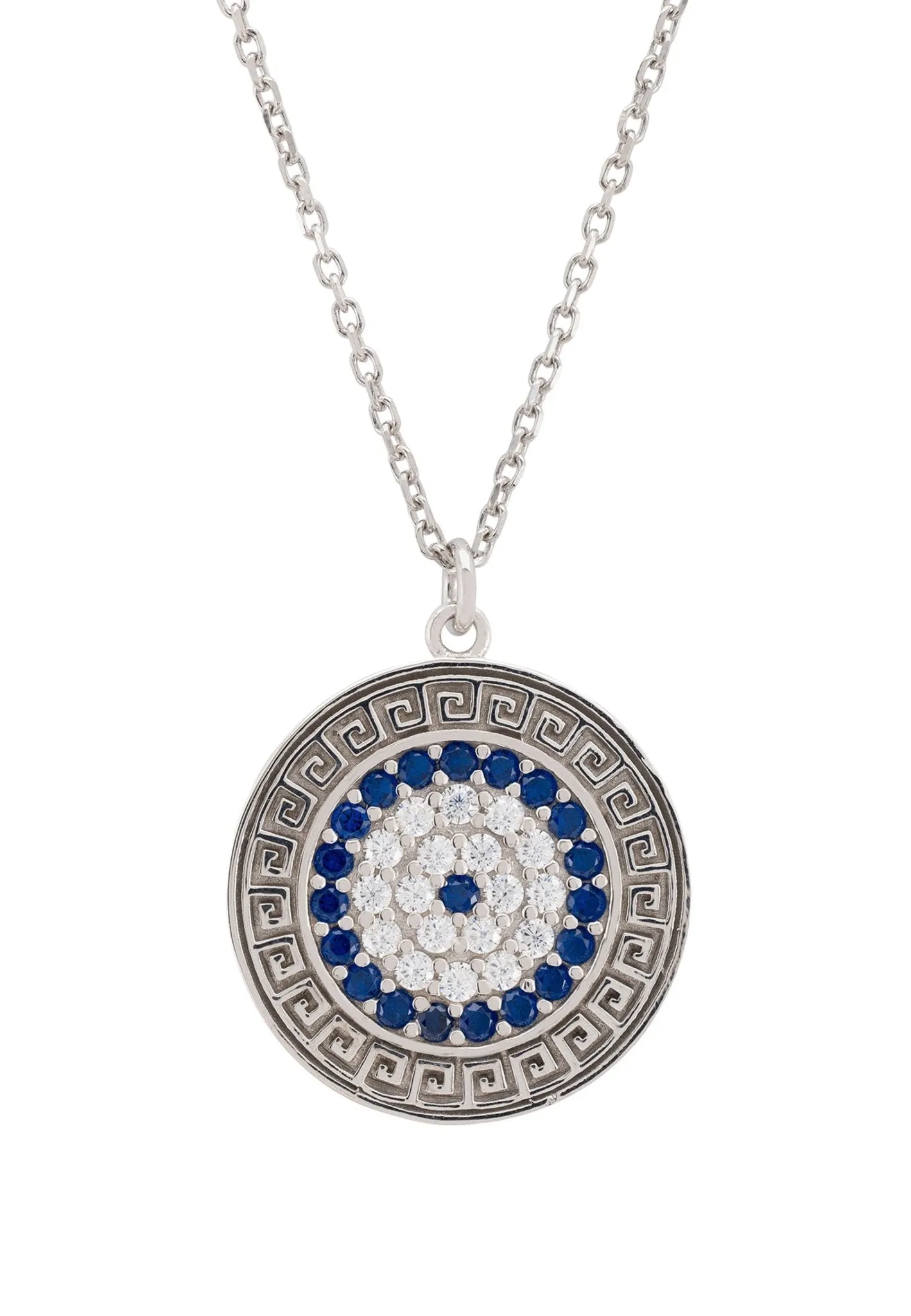 Greek Evil Eye Disc Pendant Necklace Silver