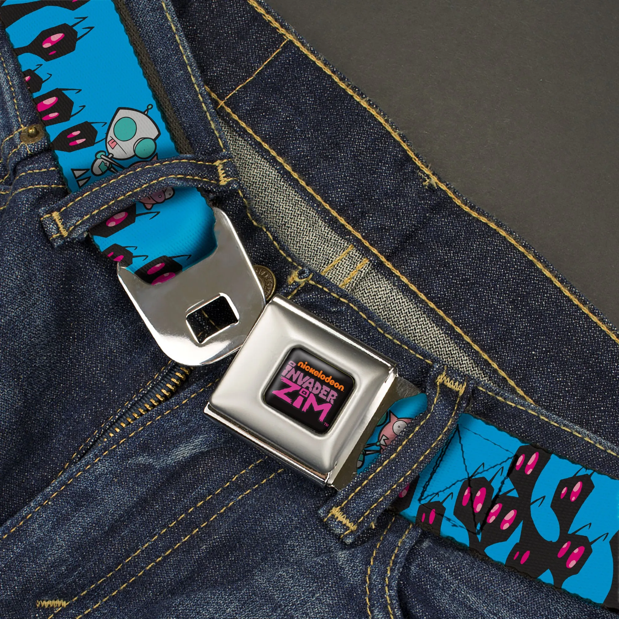 INVADER ZIM Title Logo Full Color Pink/Green Seatbelt Belt - Invader Zim GIR and Piggy Rule the World Poses Blue Webbing