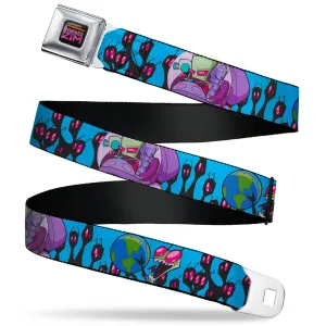 INVADER ZIM Title Logo Full Color Pink/Green Seatbelt Belt - Invader Zim GIR and Piggy Rule the World Poses Blue Webbing