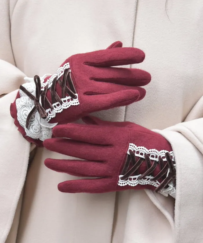 Lace-Up Velour Ribbon Gloves