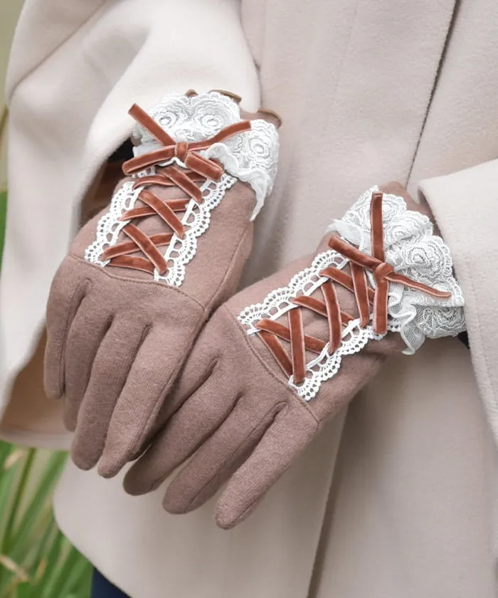 Lace-Up Velour Ribbon Gloves