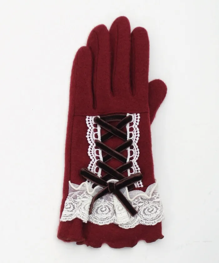 Lace-Up Velour Ribbon Gloves