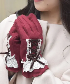 Lace-Up Velour Ribbon Gloves