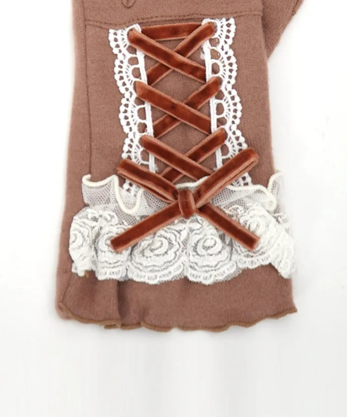 Lace-Up Velour Ribbon Gloves