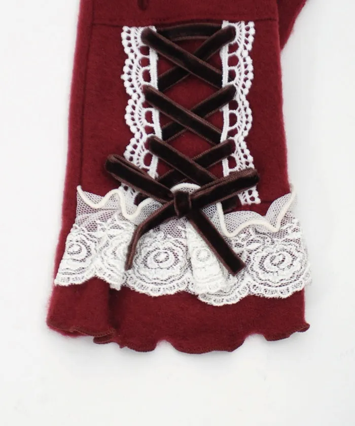 Lace-Up Velour Ribbon Gloves