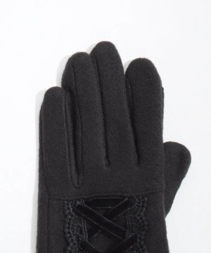 Lace-Up Velour Ribbon Gloves