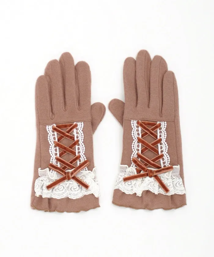 Lace-Up Velour Ribbon Gloves
