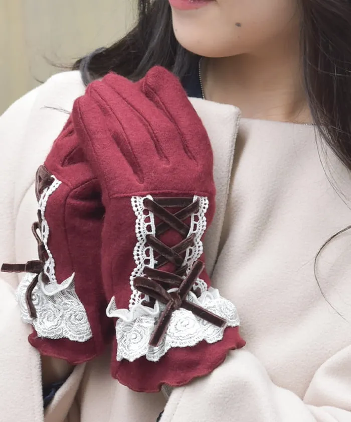 Lace-Up Velour Ribbon Gloves
