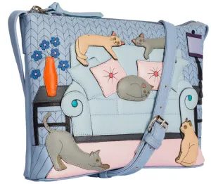 Mala Leather Lazy Days Cats Cross Body Bag Blue