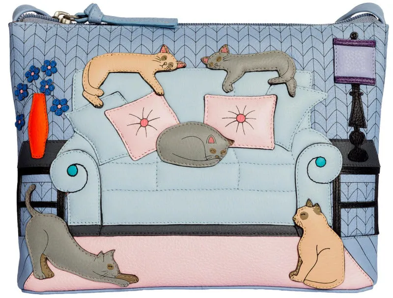 Mala Leather Lazy Days Cats Cross Body Bag Blue