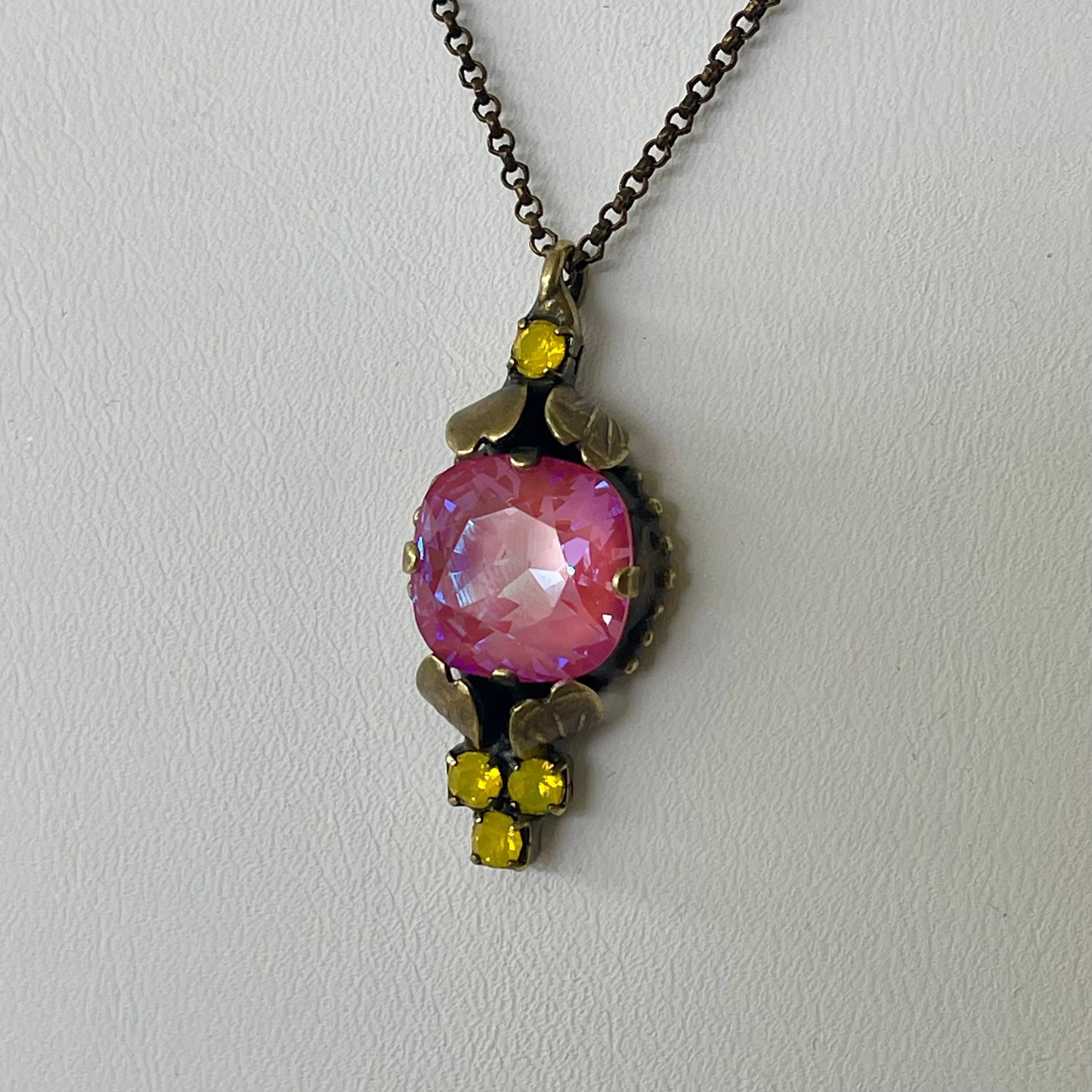 Pink & Yellow Glass Stone Pendant Necklace