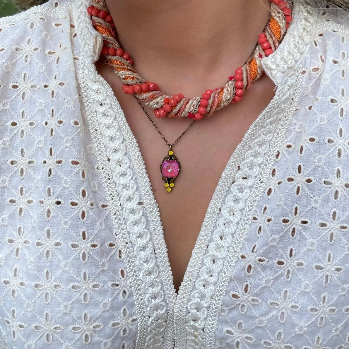 Pink & Yellow Glass Stone Pendant Necklace