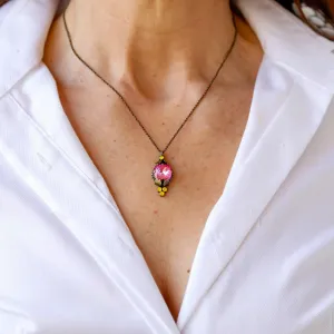 Pink & Yellow Glass Stone Pendant Necklace