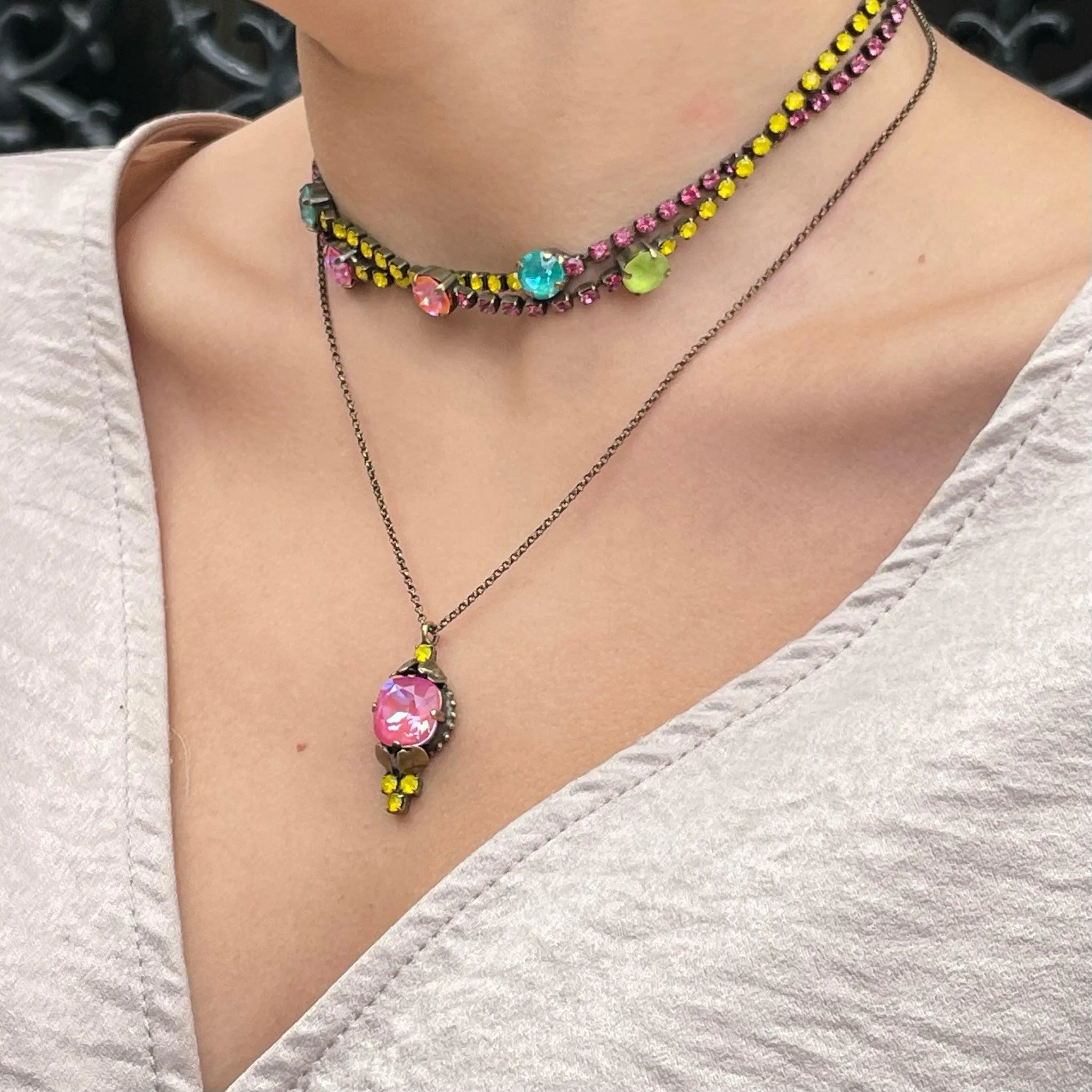 Pink & Yellow Glass Stone Pendant Necklace