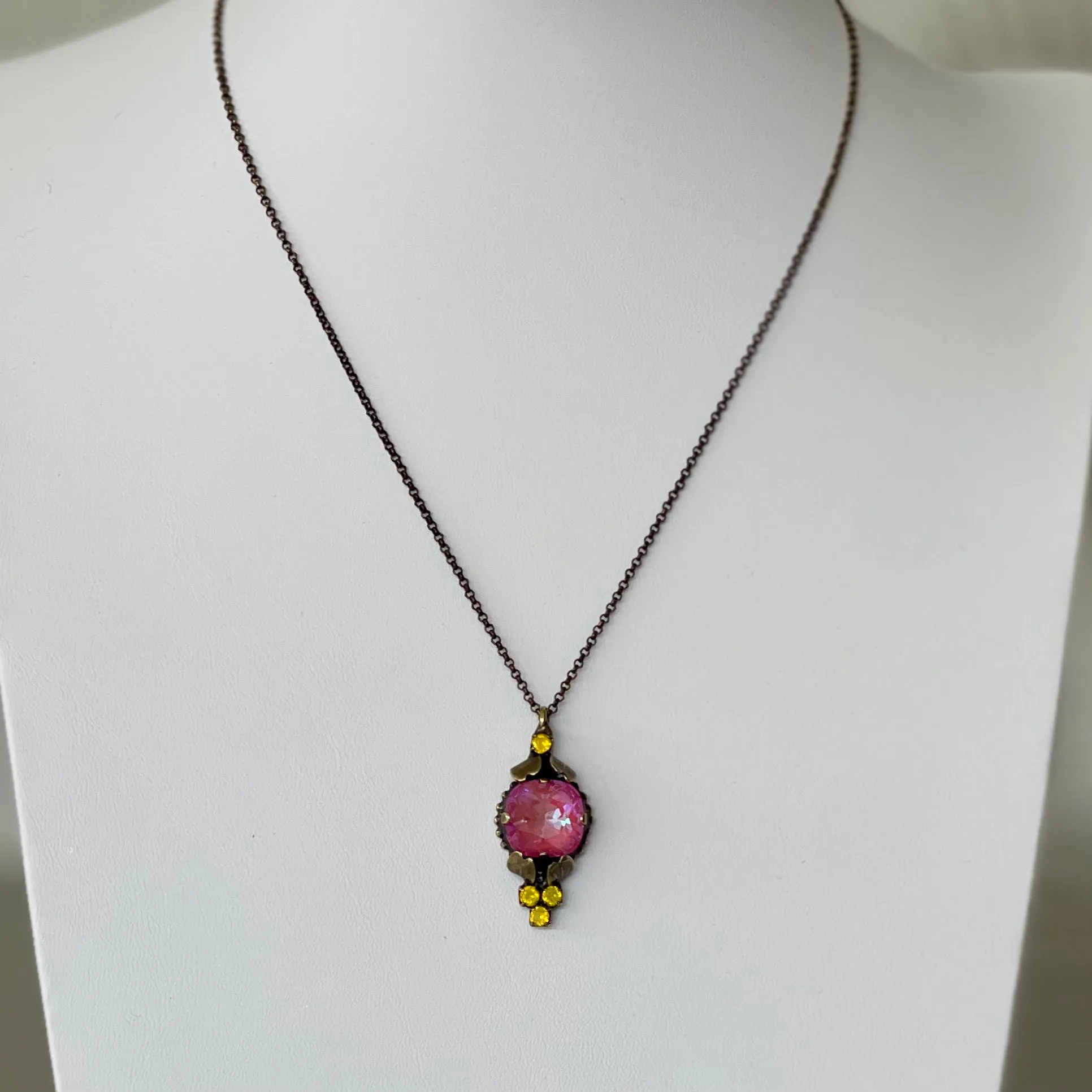 Pink & Yellow Glass Stone Pendant Necklace