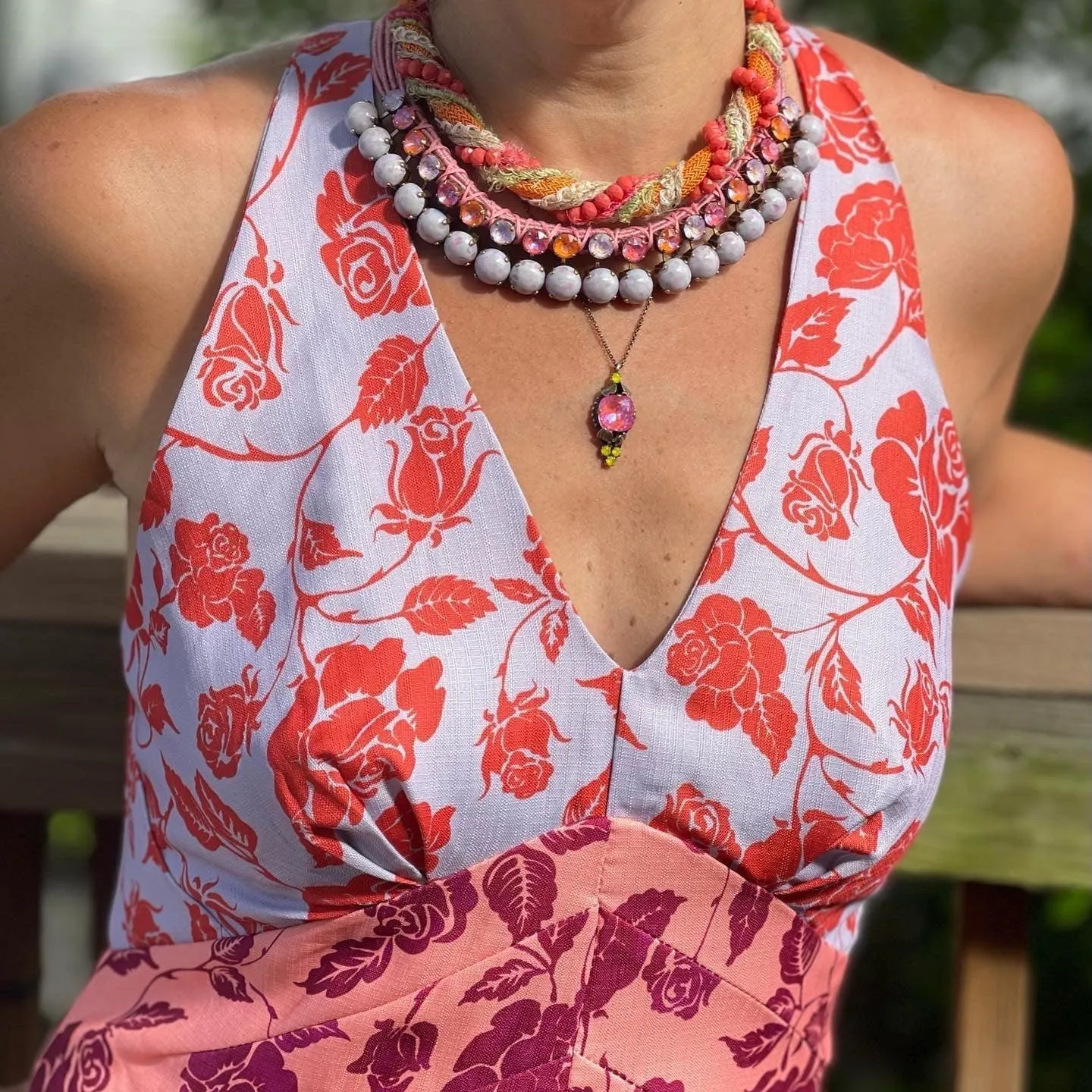 Pink & Yellow Glass Stone Pendant Necklace
