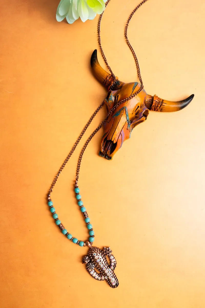 SALE! Two-Tone Crystal Cactus Pendant Turquoise Beaded Necklace
