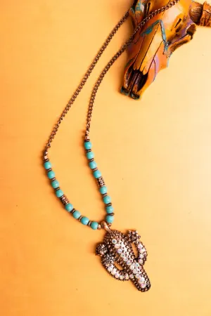 SALE! Two-Tone Crystal Cactus Pendant Turquoise Beaded Necklace