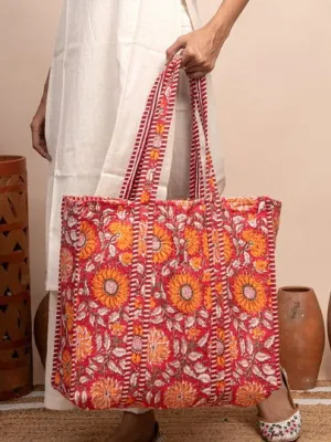 Scarlet Floral Printed Quilted  Tote Bag with Inner Pocket