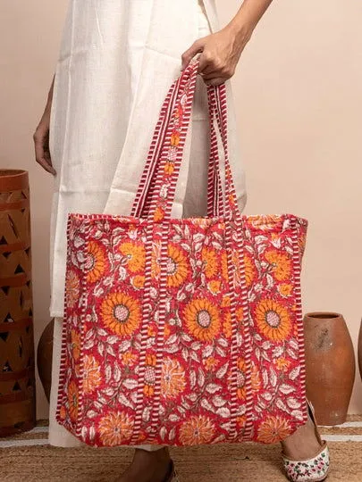 Scarlet Floral Printed Quilted  Tote Bag with Inner Pocket